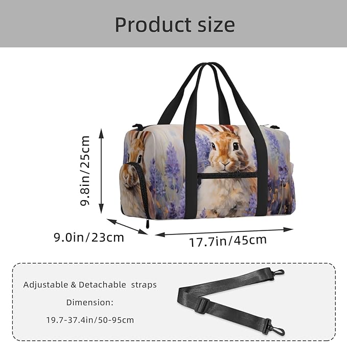 Sports Gym Bag Oil Painting Rabbit Purple Lavender Travel Duffel Bag With Shoe Compartment Shoulder Strap, Lightweight Water-Resistant Weekend Overnight Totes For Women Men