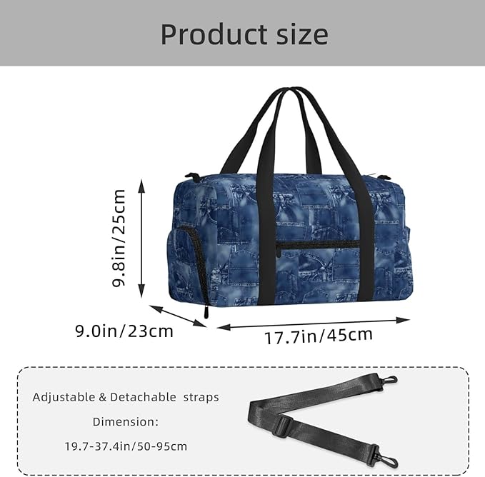 Denim Material Women'S Gym Duffle Bag With Shoes Compartment, Ideal For Travel, Gym, Sports, Duffel, Weekender