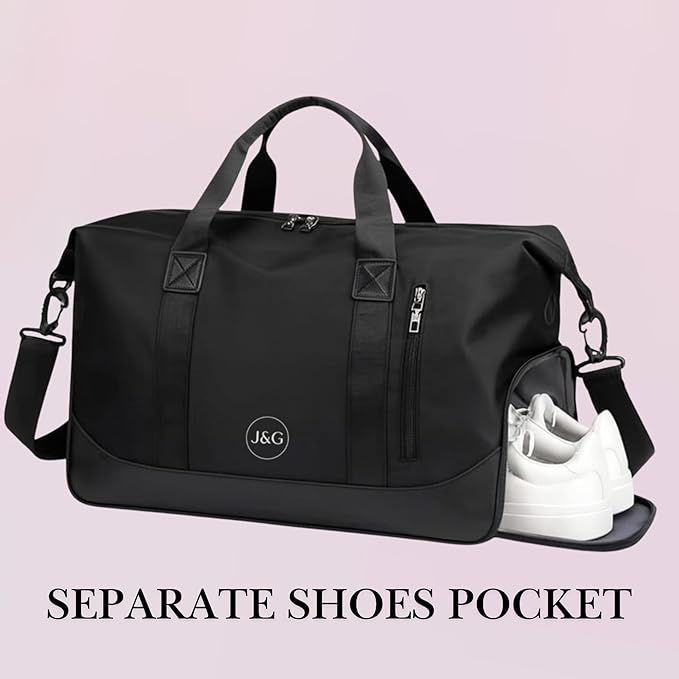 J&G Waterproof Gym Duffel Bag – Lightweight Travel & Sports Bag with Shoe Compartment and Wet Pocket for Men & Women – Carry-On Weekender for Gym, Beach, Trips – 8 Colors (Black)