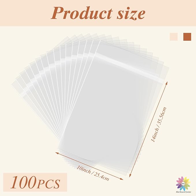 Mat Board Center 10x14 Inches Crystal Clear Sleeves Storage Bags, 100 Pack Self Sealing Cellophane Bags for Clothing,Prints, Photos