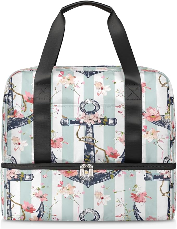 Vintage Anchor Flower Stripe Sports Tote Gym Bag for Women Men, Travel Duffel Bag with Shoe Compartment Large Capacity Workout Overnight Bag for Fitness Yoga Swimming Weekend