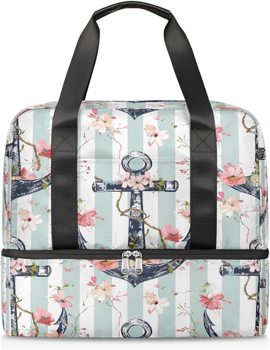 Vintage Anchor Flower Stripe Sports Tote Gym Bag for Women Men, Travel Duffel Bag with Shoe Compartment Large Capacity Workout Overnight Bag for Fitness Yoga Swimming Weekend