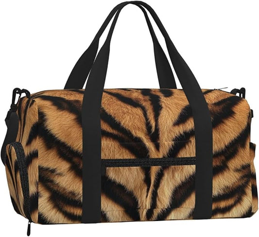 Sports Gym Bag Animal Tiger Skin Print Travel Duffel Bag With Shoe Compartment Shoulder Strap, Lightweight Water-Resistant Weekend Overnight Totes For Women Men