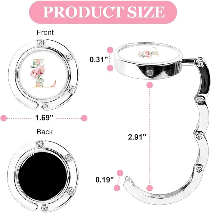 XSUIOY 3Pcs Personalized Initial Foldable Purse Hook for Table,Crushed Flower Letters Folding Purse Hanger,Purse Holder Handbag Hanger Collection Desk Table Bag Hooks Gifts for Women Bag(Pink-L)