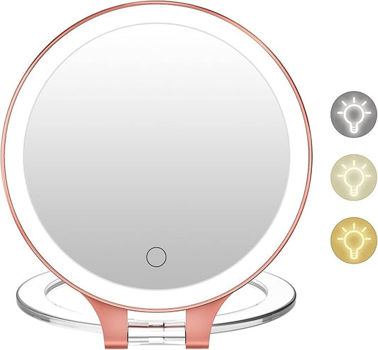 FASCINATE Magnifying Mirror 10X 1X Double Sided Magnification, Makeup Vanity Mirror Rechargeable Lighted with 3 Color Setting Adjustable Rotation LED Vanity Desk