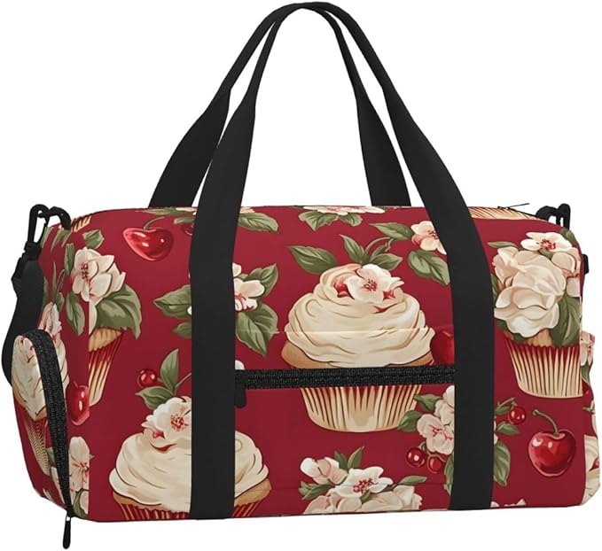 Sports Gym Bag Flowers Floral Small Cakes Travel Duffel Bag With Shoe Compartment Shoulder Strap, Lightweight Water-Resistant Weekend Overnight Totes For Women Men