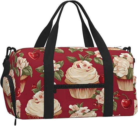 Sports Gym Bag Flowers Floral Small Cakes Travel Duffel Bag With Shoe Compartment Shoulder Strap, Lightweight Water-Resistant Weekend Overnight Totes For Women Men
