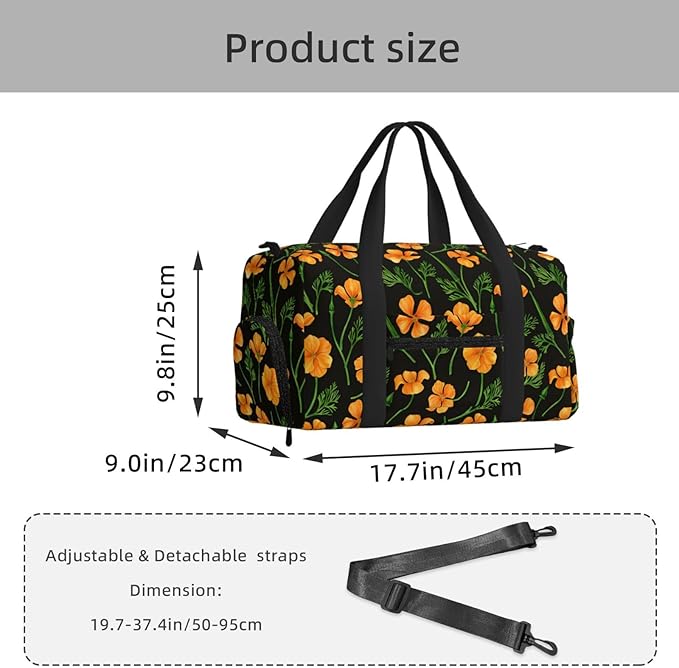 California Poppies, Summertime Flowers Women'S Gym Duffle Bag With Shoes Compartment, Ideal For Travel, Gym, Sports, Duffel, Weekender