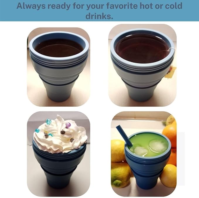 Collapsible Silicone Cup 12 oz – BPA Free Reusable Travel Cup with Lid & Straw – Foldable Pocket Size for Hot & Cold Drinks – Camping, Hiking, Office, Outdoor (Blue)
