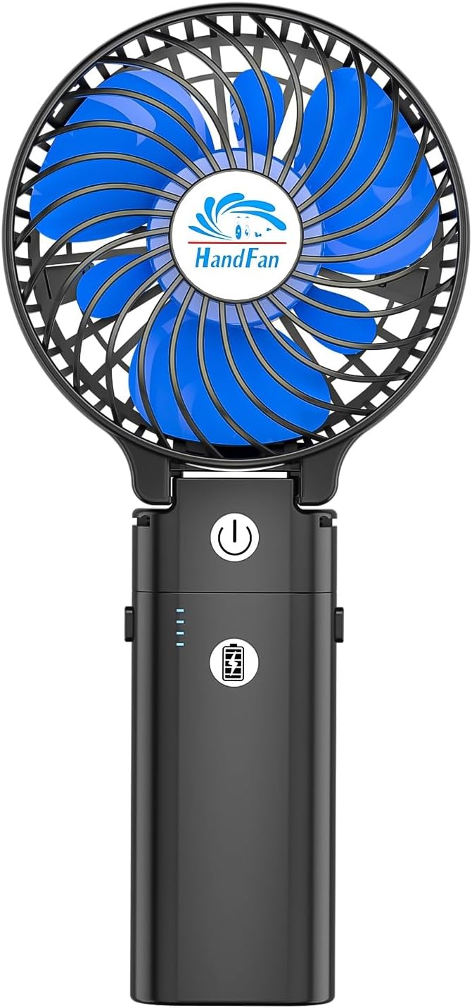 HandFan 5200mAh Portable Handheld Fan Rechargeable - 3 Speeds Foldable Personal Cooling, 2-IN-1 Hand Held Fan Battery Operated, 20H Runtime for Travel/Summer/Concerts/Women (Black&Blue)