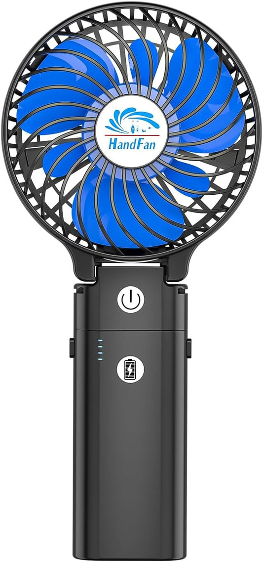 HandFan 5200mAh Portable Handheld Fan Rechargeable - 3 Speeds Foldable Personal Cooling, 2-IN-1 Hand Held Fan Battery Operated, 20H Runtime for Travel/Summer/Concerts/Women (Black&Blue)
