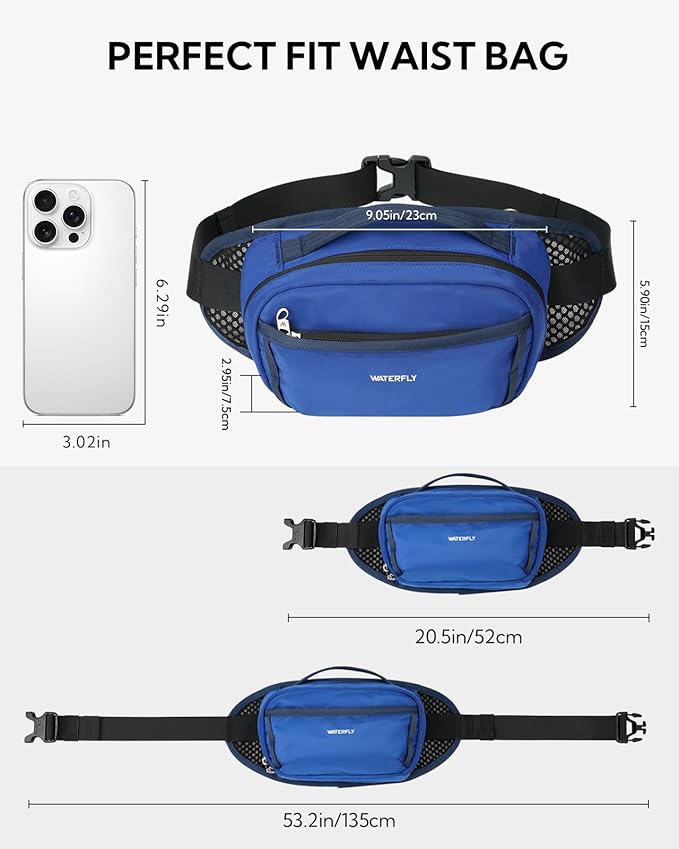 WATERFLY Fanny Pack Waist Bag: 2.3L RFID Blocking Anti-Theft Crossbody Bags with Bellows-Style Opening, Breathable Casual Hip Pack for Women Men Traveling Walking Hiking-Navy Blue