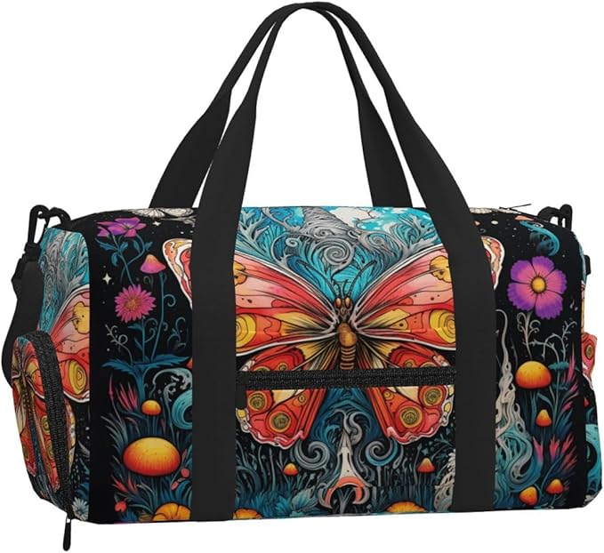 Sports Gym Bag Multicolored Butterfly Moon Flowers Travel Duffel Bag With Shoe Compartment Shoulder Strap, Lightweight Water-Resistant Weekend Overnight Totes For Women Men