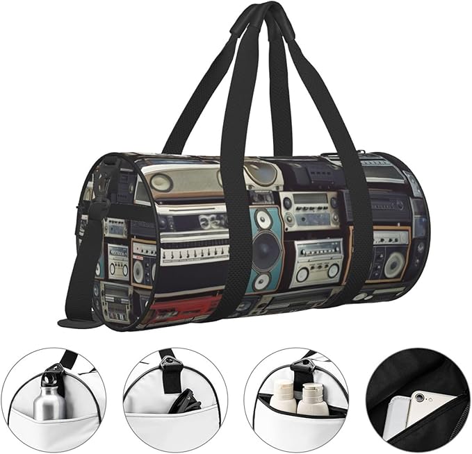 Vintage Wall of Radio Boombox Sports Gym Bag for Women Men Travel Duffel Bag Tote Weekender Bag Canvas Carry on Overnight Bag for Travel Swimming Fitness Workout Sports Duffle Bag