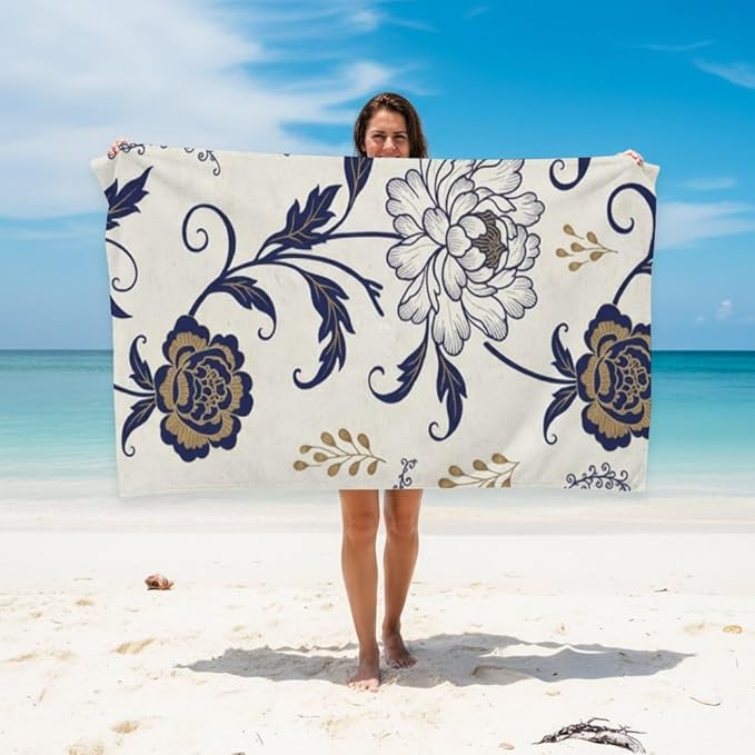 Microfiber Beach Towel Navy Blue White Floral Thin Quick-Dry Absorbent Compact Towels Soft& Lightweight Sand Free Towels Beach for Yoga Sports Packable Essentials Stuff Gifts 61 X 30 Inch