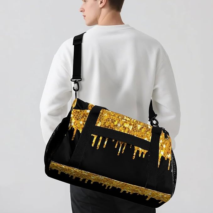 Golden Yellow Sequin Glitter Print Crossbody Bag Customized Duffel Bags (Store Shoes) Weekender Overnight Bag Travel Bag Personalized Gift Gym Bags