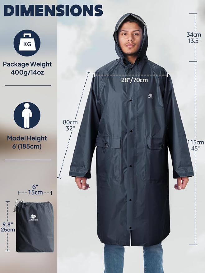 ANYOO Waterproof Rain Jacket for Men Women Lightweight Long Sleeve Raincoat with Hood Emergency Rain Poncho Adults for Hiking