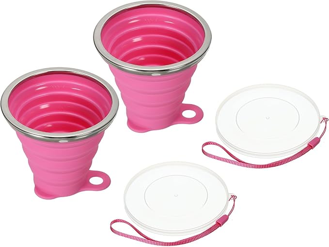 PATIKIL Collapsible Travel Cup, 2 Pack 270mL Travel Folding Cup with Lid Silicone Portable Drinking Cup for Traveling Camping, Rose Red