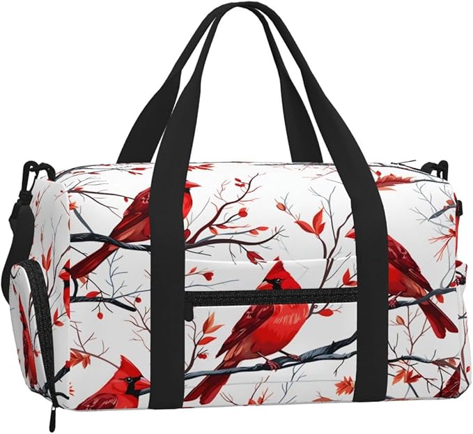 Sports Gym Bag Red Birds Christmas Tree Travel Duffel Bag With Shoe Compartment Shoulder Strap, Lightweight Water-Resistant Weekend Overnight Totes For Women Men