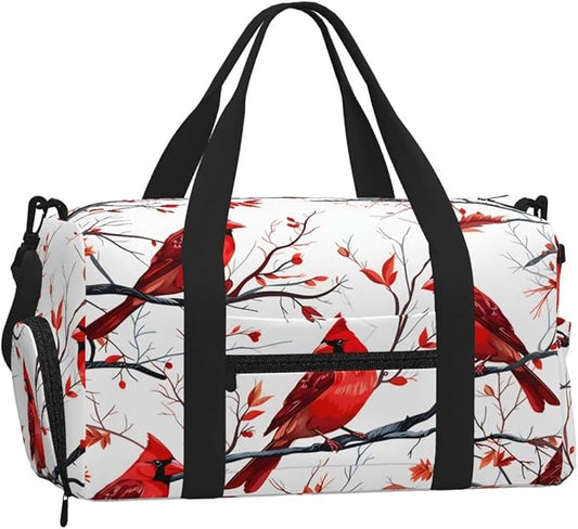 Sports Gym Bag Red Birds Christmas Tree Travel Duffel Bag With Shoe Compartment Shoulder Strap, Lightweight Water-Resistant Weekend Overnight Totes For Women Men
