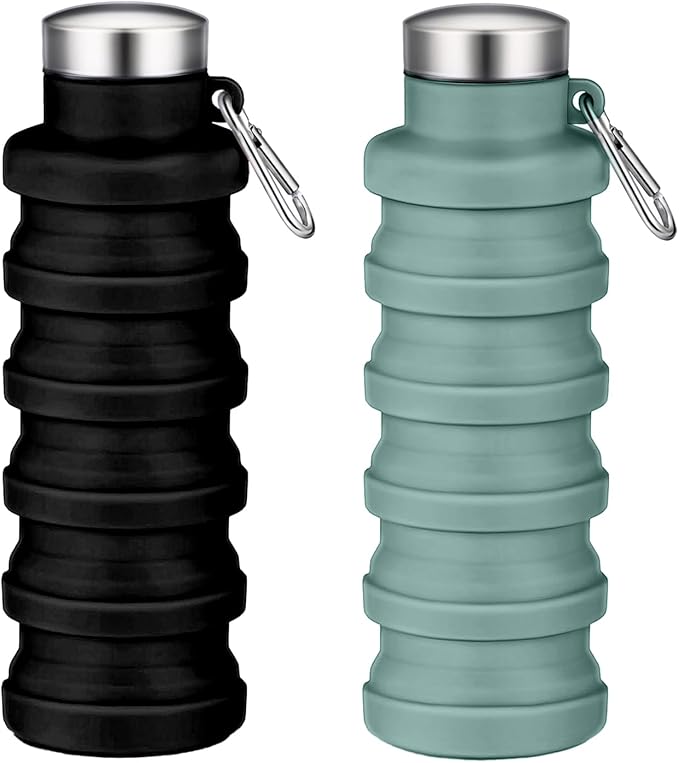 Collapsible Water Bottles,16oz Capacity Portable Reusable Silicone Water Bottle,Leak-proof,with buckle,foldable storage,Lightweight Durable for Fitness,Cycling,Sports,Camping,Hiking (Black+Dark Green)