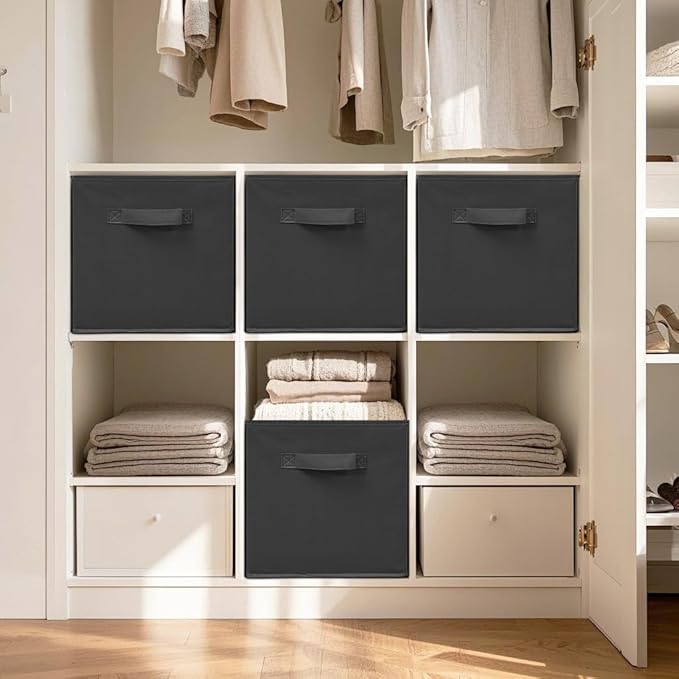 11 Inch Fabric Storage Cubes, Sturdy Foldable Storage Bins, Heavy Duty Cube Organizer for Clothes, Blankets, Shelves, Closets, Bedroom, Living Room, Black, 9 Pack