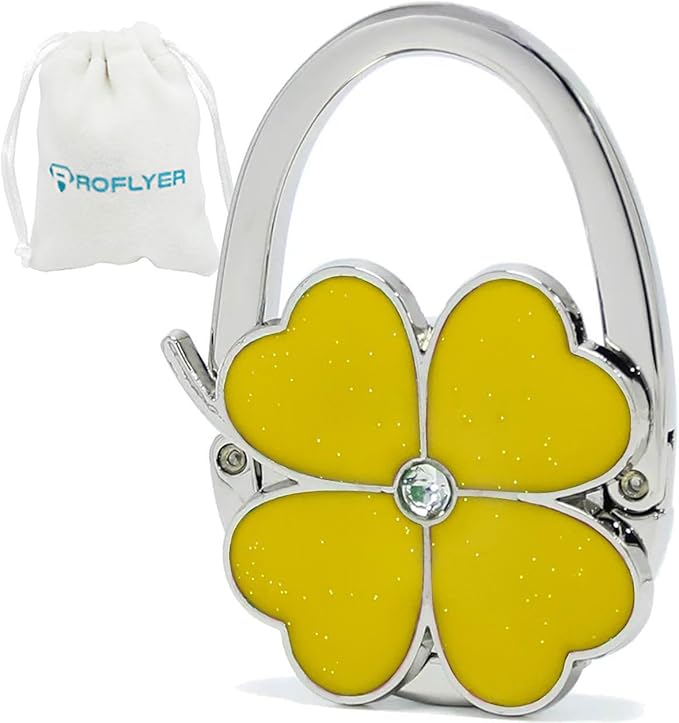 Four Leaf Clover Design Foldable Handbag Hanger Folding Purse Table Hook Holder (Yellow)