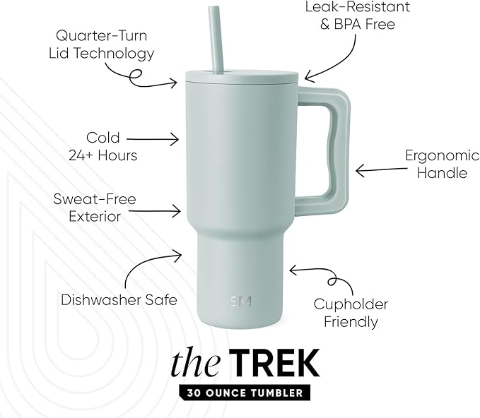 Simple Modern 30 oz Trek Tumbler with Handle and Straw Lid | Cup Holder Friendly Insulated Stainless Steel Travel Mug | Sea Glass Sage (Pack of 12)