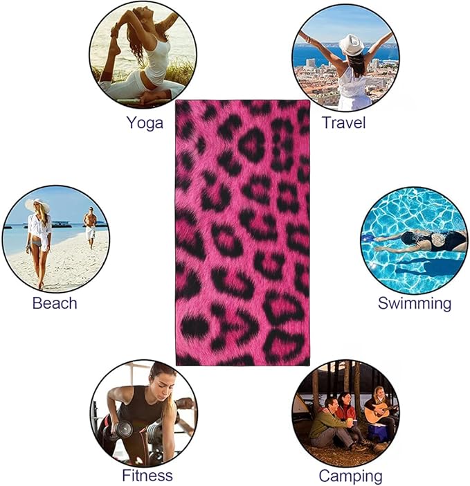 Pink Leopard Print Love Beach Towel 36"x72" Quick-Dry Sand-Free Soft Microfiber for Pool Camping