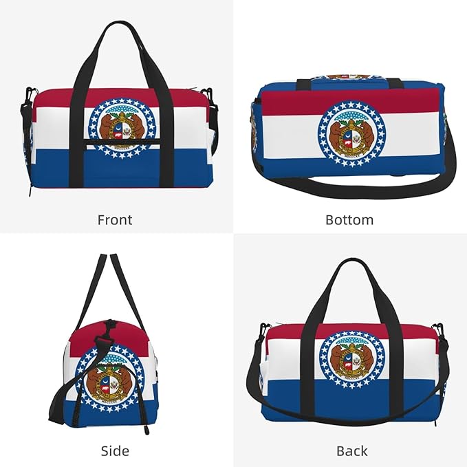 Missouri State Flag Print Gym Bag with Shoe Compartment for Women Men, 17.7in Sports Duffle Weekender Tote, Overnight Travel Duffel Bag Carry On