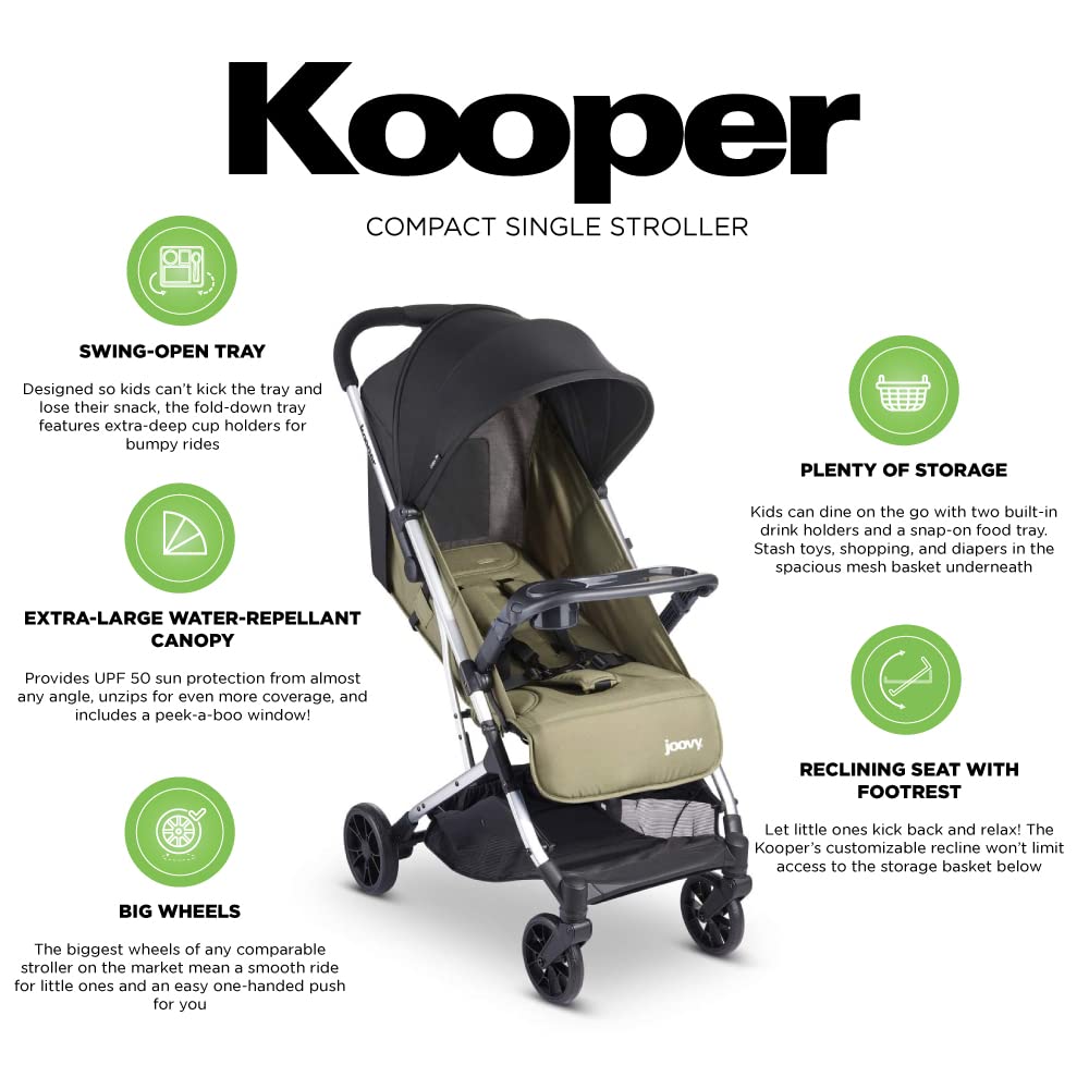Joovy Kooper Lightweight Baby Stroller Featuring Removable, Swing-Open Tray, Big Wheels, Reclining Seat with Footrest, Extra-Large Retractable Canopy, and Compact Fold (Olive)