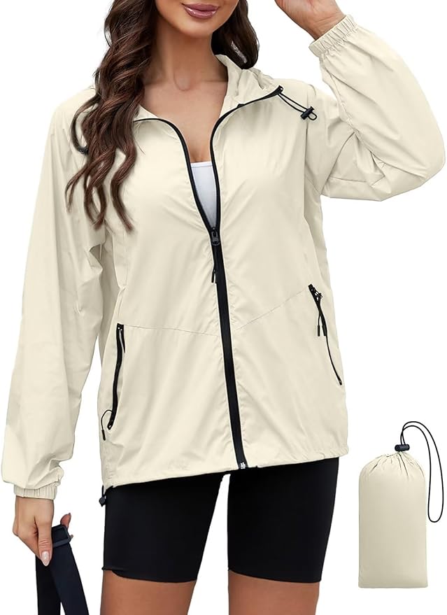 PITINAN Lightweight Rain Jacket Women Packable Wind Breaker Light Rain Jacket Women Waterproof Travel Raincoat S-XXL