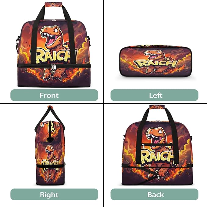 Red Animal Dinosaur Large Weekender Bag with Shoe Compartment Travel Duffel Bags for Women Carry On Hospital Overnight Bag Foldable Personal Item Travel Bags Tote Gym Sports Airplanes