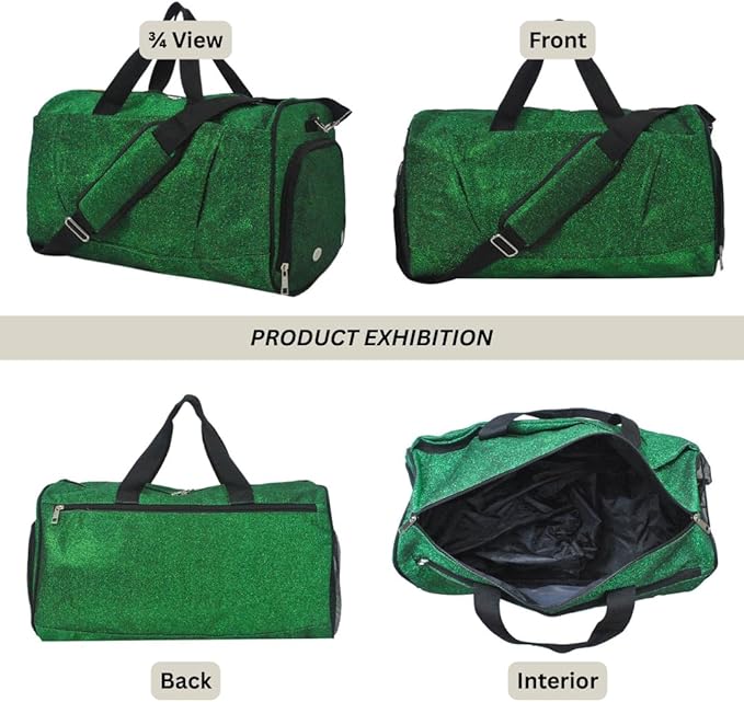 NGIL Glitter Cheers Sports Gym Duffel with Shoe Compartment and Small Carry on Travel Tote Bags for Women, Gym bag, Overnight bags for Women, Cheer Bag (Glitter-Green)