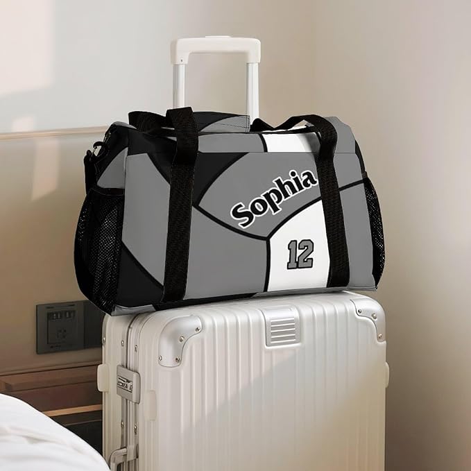 Custom Volleyball Black Grey Duffel Bag with Name Personalized Travel Bags Sport Gym Bag Carry On Weekender Bags for Men Women