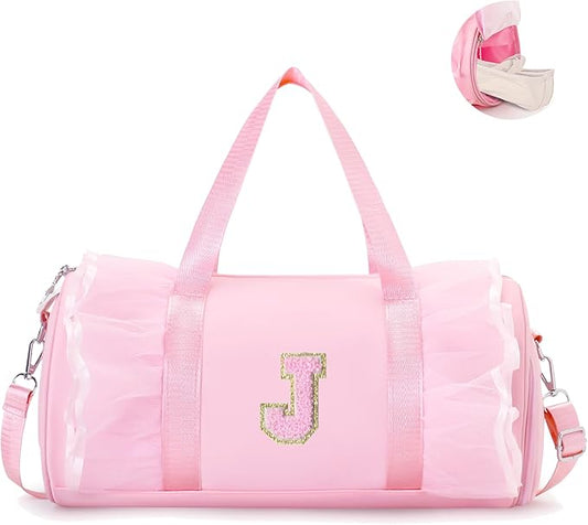 Personalized Dance Bag for Girl | Small Initial Gym Sport Yoga Cheer Duffle Bags Gift for Teen Girls | Chenille Letter Kids Ballet Bag Preppy Stuff Toddler Girl Birthday Gift (Pink J, SMALL)