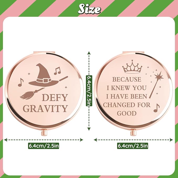 2 Pcs Witch Pocket Mirrors – Witch Compact Makeup Mirror with Hat, Broom & Crown Wand Design, Movie or Musical Theatre Merch Stuff Gifts for Women & Girls (Rose Gold)
