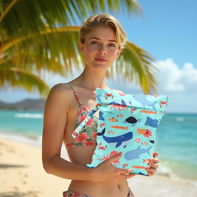 Wet Bag for Swimsuit, Beach Travel EssentialsMarine Animals Pattern Wet Dry Bag, for Sunscreen Toiletry Dirty Clothes Yoga Gym Diaper, Friends Summer Beach Vacation Essentials Gifts