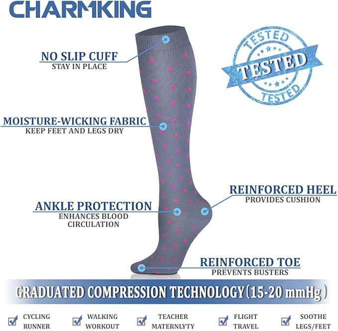 CHARMKING 6 Pairs-Compression Socks for Women & Men Circulation Best Support for Nurses, Running, Athletic,Flight Travel