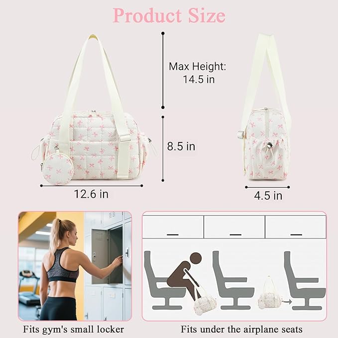 CAMTOP Mini Gym Bag for Women, Small Gym Tote Bag Puffy Quilted Sports Duffel Bag with Wet Compartment and Coin Purse Duffel Bags Dance Yoga Workout Bag for Gifts (Beige Pink Bow, Mini-12.6")