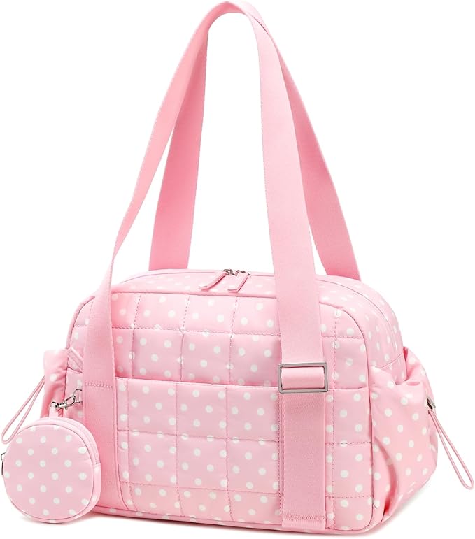 CAMTOP Mini Gym Bag for Women, Small Gym Tote Bag Puffy Quilted Sports Duffel Bag with Wet Compartment and Coin Purse Duffel Bags Dance Yoga Workout Bag for Gifts (Polka Dot Pink, Mini-12.6")