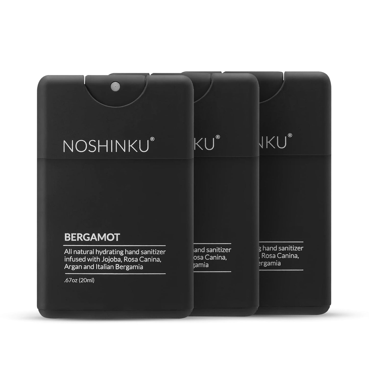 Noshinku - Refillable Hand Sanitizer Bergamot 3-Pack, Travel Size Spray with Hydrating Botanical Oils, Natural Ingredients, All Natural Fragrances, Sugarcane Derived Alcohol, No Parabens, No Dyes