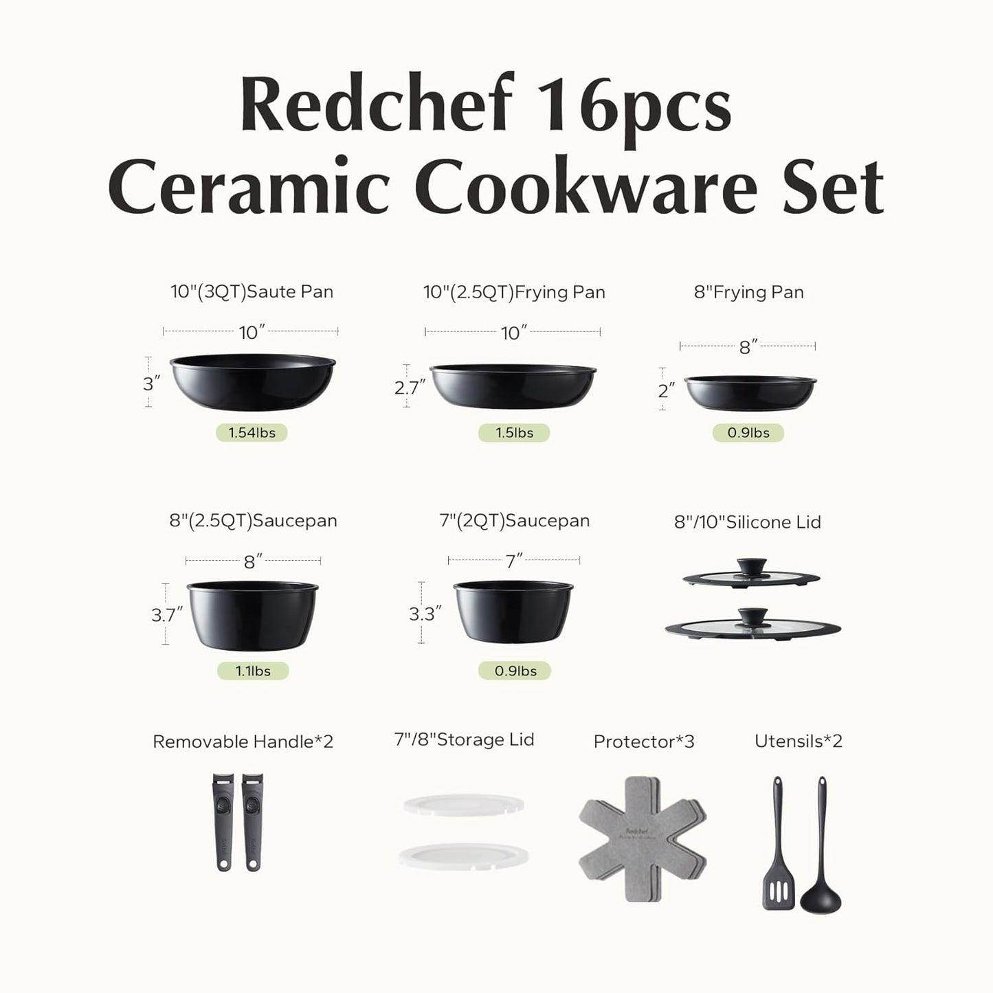 Redchef 16pcs Ceramic Pots and Pans Set Non Stick, Nonstick Kitchen Cookware Set with Detachable Handle, Non Toxic, PFAS PFOA & PTFE Free, RV Cookware Set for Camping, Dishwasher/Oven Safe (Black)