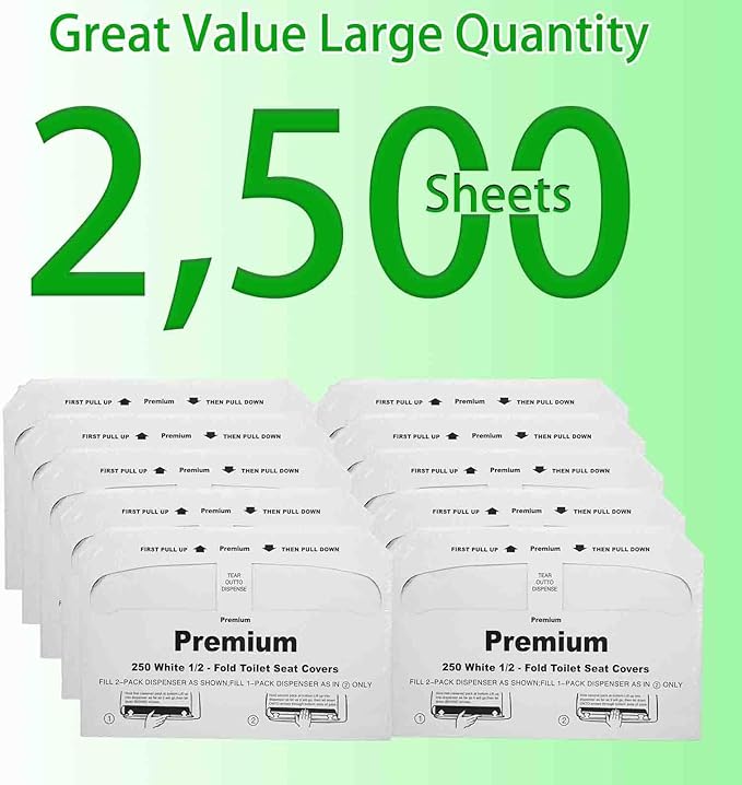 Disposable Toilet Seat Cover(2500Pcs, 10 Packs of 250), Disposable Toilet Seat Covers Flushable, Paper Toilet Seat Liners for Public, Commercial Wall Dispenser, 16.7 x 14.2in Half-Fold