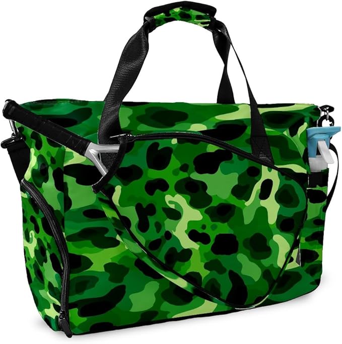 Cool Leopard Green Gym Bag for Women & Tennis Bag, Large Sports Duffel Bag Waterproof with Ventilated Shoe Compartment & Front Racket Sleeve, Lightweight Travel Weekender Overnight Bag
