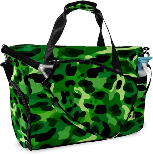 Cool Leopard Green Gym Bag for Women & Tennis Bag, Large Sports Duffel Bag Waterproof with Ventilated Shoe Compartment & Front Racket Sleeve, Lightweight Travel Weekender Overnight Bag