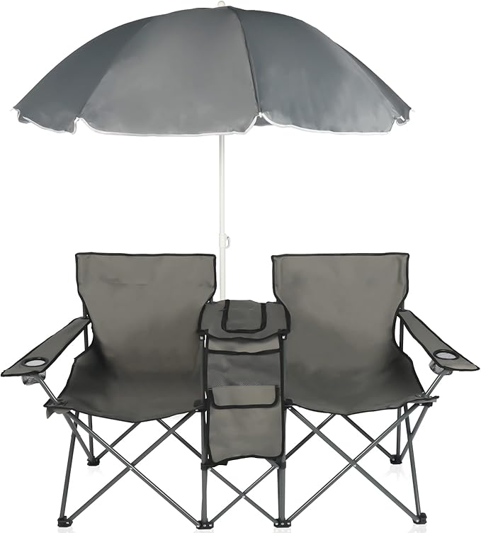 LAZZO Double Folding Camping Chairs, Portable Picnic Camping Chairs w/Umbrella Mini Beverage Holder Carrying Cooler Bag, Outdoor Picnic Double Folding loveseat Camp Chairs for Beach Patio Pool Park