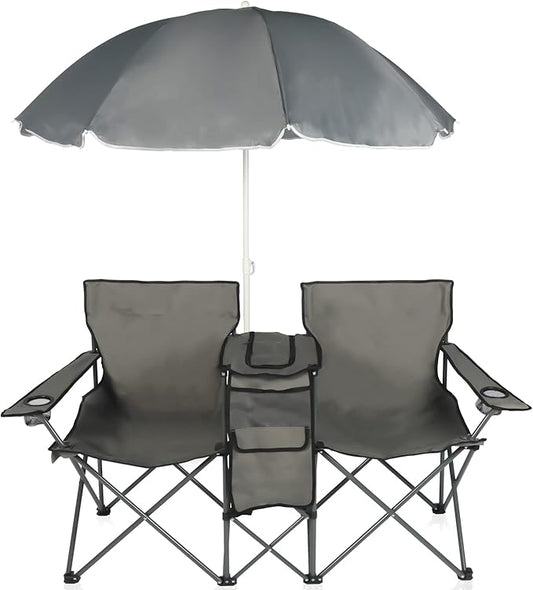 LAZZO Double Folding Camping Chairs, Portable Picnic Camping Chairs w/Umbrella Mini Beverage Holder Carrying Cooler Bag, Outdoor Picnic Double Folding loveseat Camp Chairs for Beach Patio Pool Park
