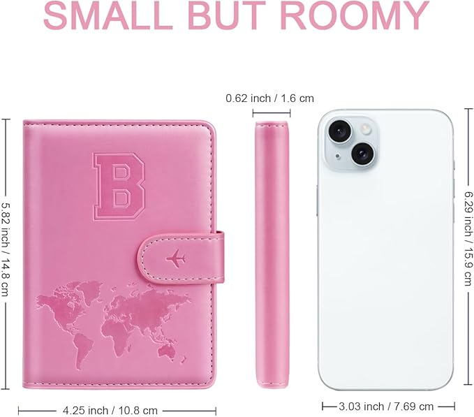 Passport Holder Cover Initail Letter A-Z Travel Wallet Embossed Design RFID Blocking Card Holder Personalized Gift Passport Cover Wallet, Passport Book Holders for Women and Girls, Pink-B