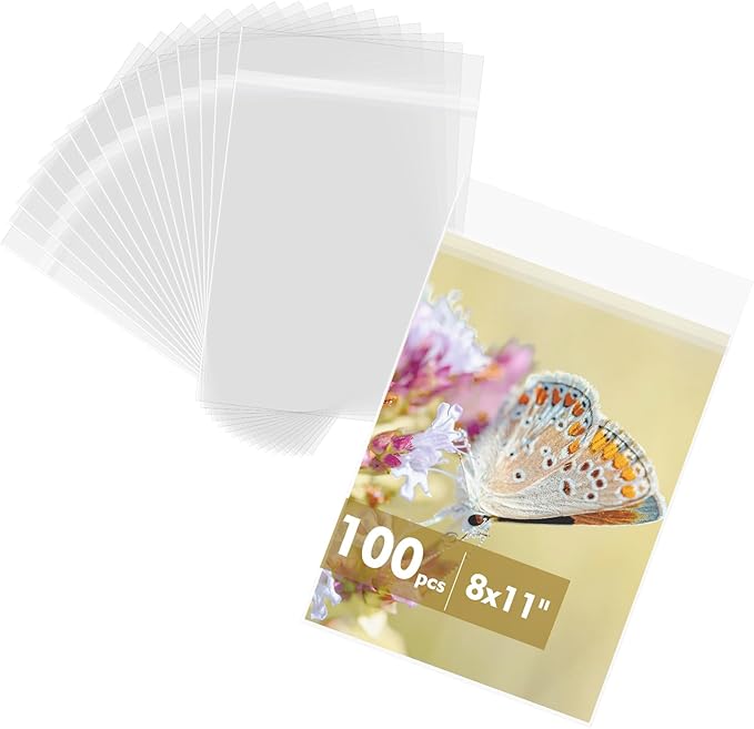 Mat Board Center 8x11 Inches Crystal Clear Sleeves Storage Bags, 100 Pack Self Sealing Cellophane Bags for 8x11 Prints, Photos, Collectible Magazines